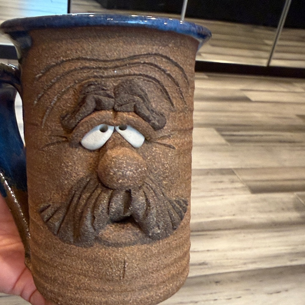 Vintage Handcrafted Brown Ceramic Character Mug with Blue Accent - Picture 9 of 10